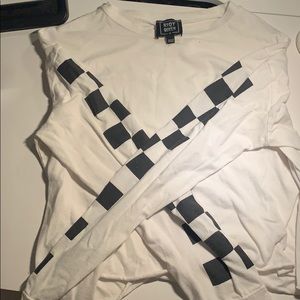 white long sleeve with checkered sleeves